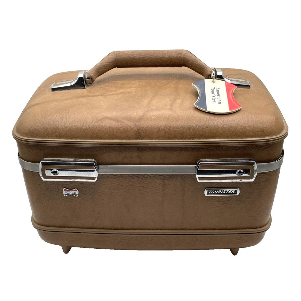Vintage American Tourister Vanity Travel Train Case 14" Brown Hard Shell Chrome